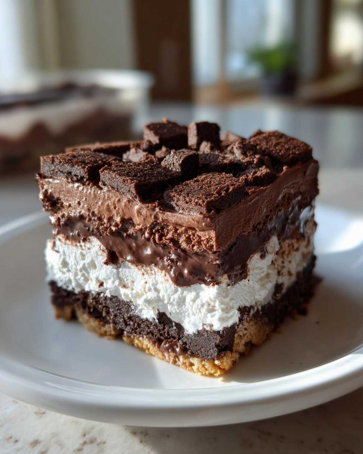 A square slice of rich brownie refrigerator cake showing layers of crust, brownie, cream, and chocolate topping.