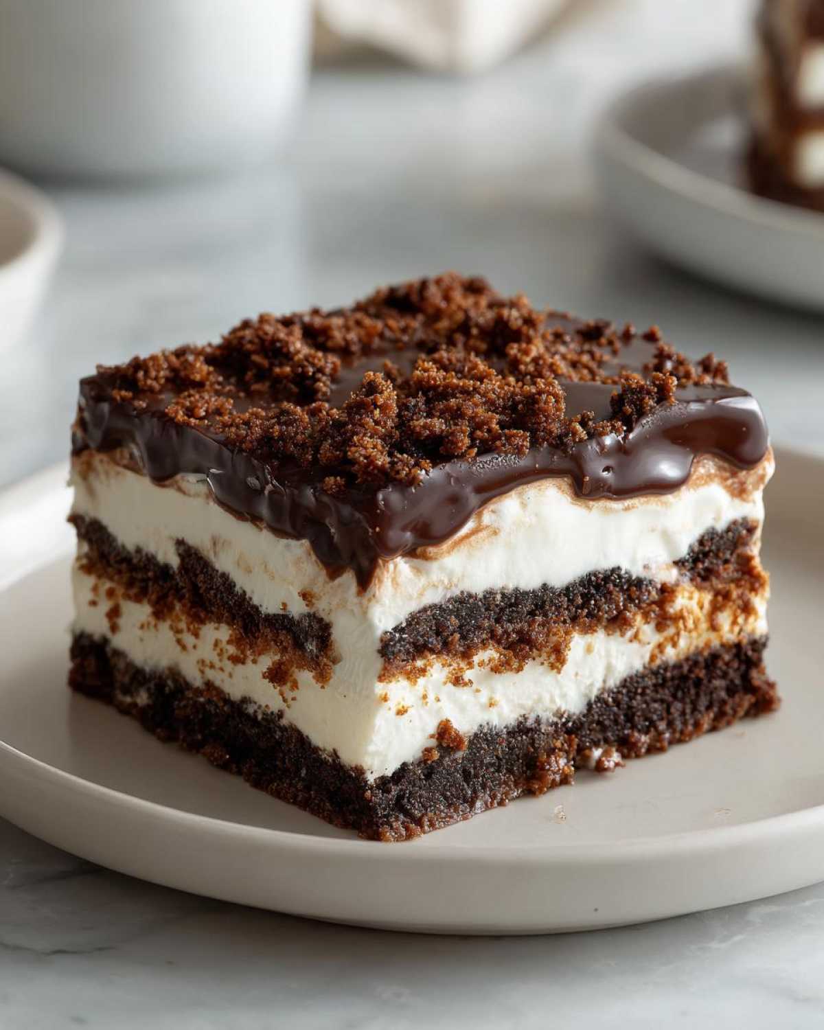 A square slice of brownie refrigerator cake showing layers of dark brownie and white cream, topped with chocolate glaze and crumbs.