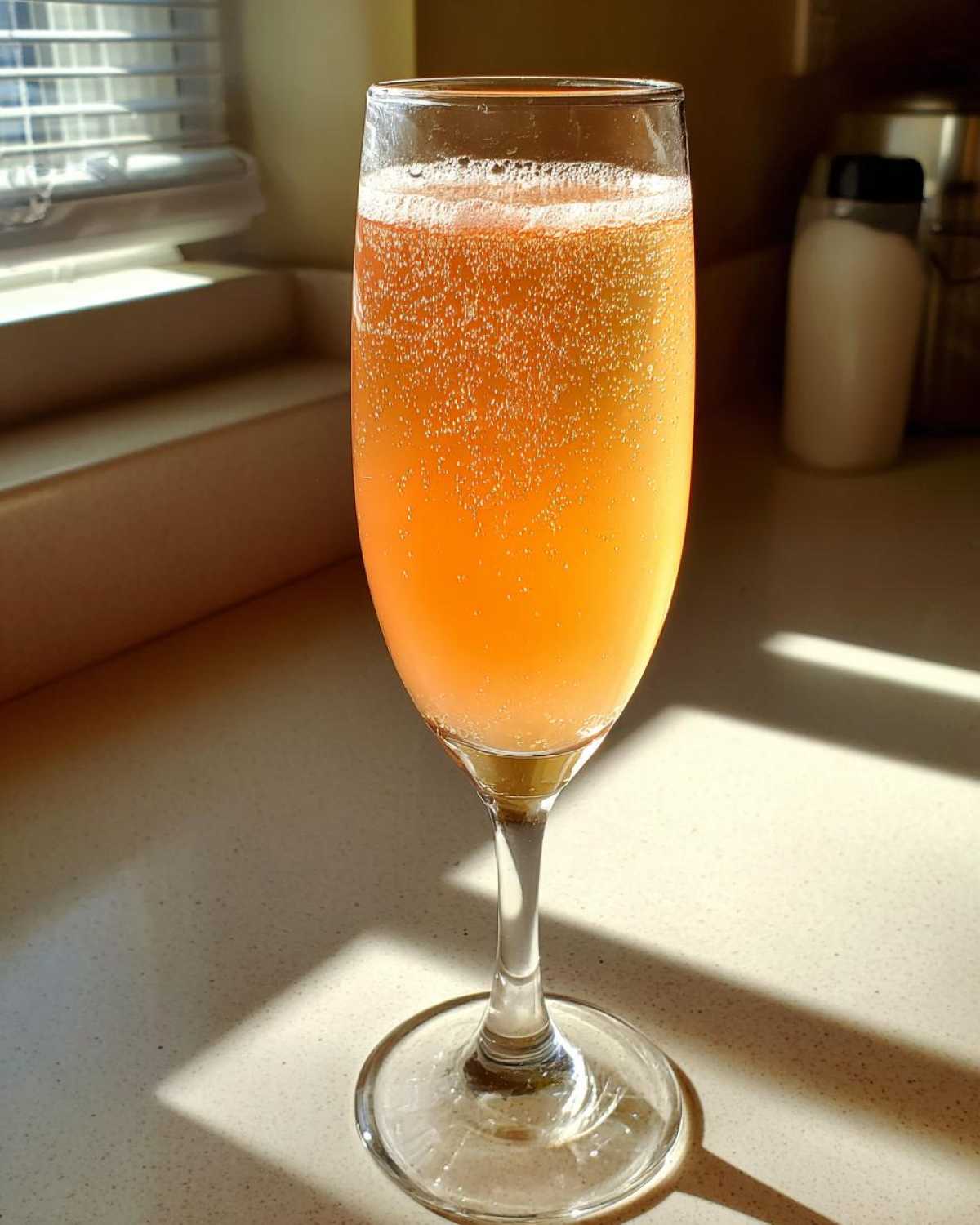 A tall flute glass filled with a bubbly, orange-hued bellini recipe cocktail, catching sunlight on a kitchen counter.