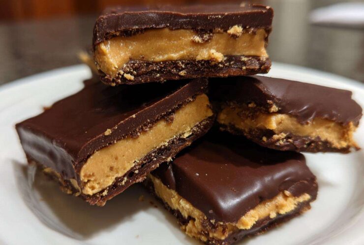 A stack of four rich, chocolate-covered Buckeye Graham Crackers showing the creamy peanut butter filling.