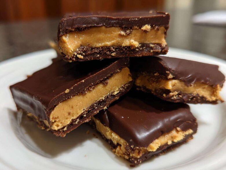 A stack of four rich, chocolate-covered Buckeye Graham Crackers showing the creamy peanut butter filling.