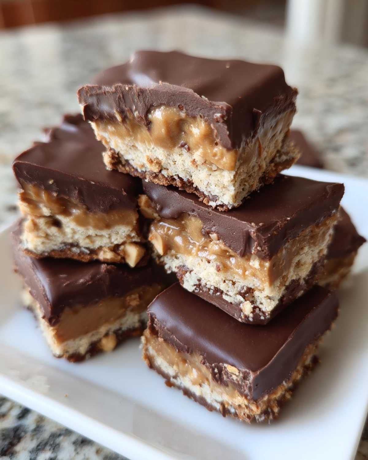 A stack of rich, layered Buckeye Graham Crackers bars topped with smooth chocolate ganache.