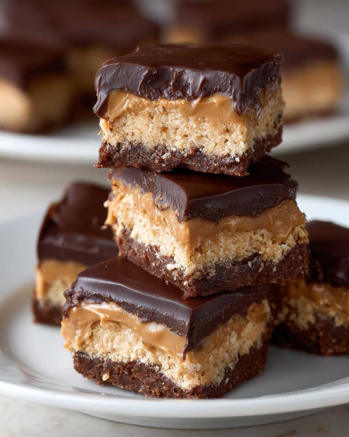 A stack of three rich buckeye graham crackers bars featuring a chocolate crust, peanut butter filling, and chocolate ganache topping.
