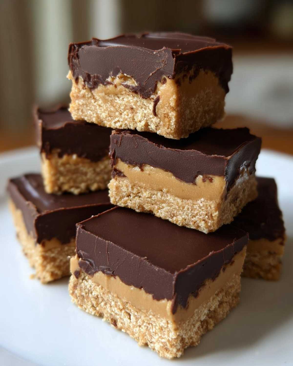 A stack of rich buckeye graham crackers squares showing a crunchy base, creamy peanut butter layer, and thick chocolate topping.