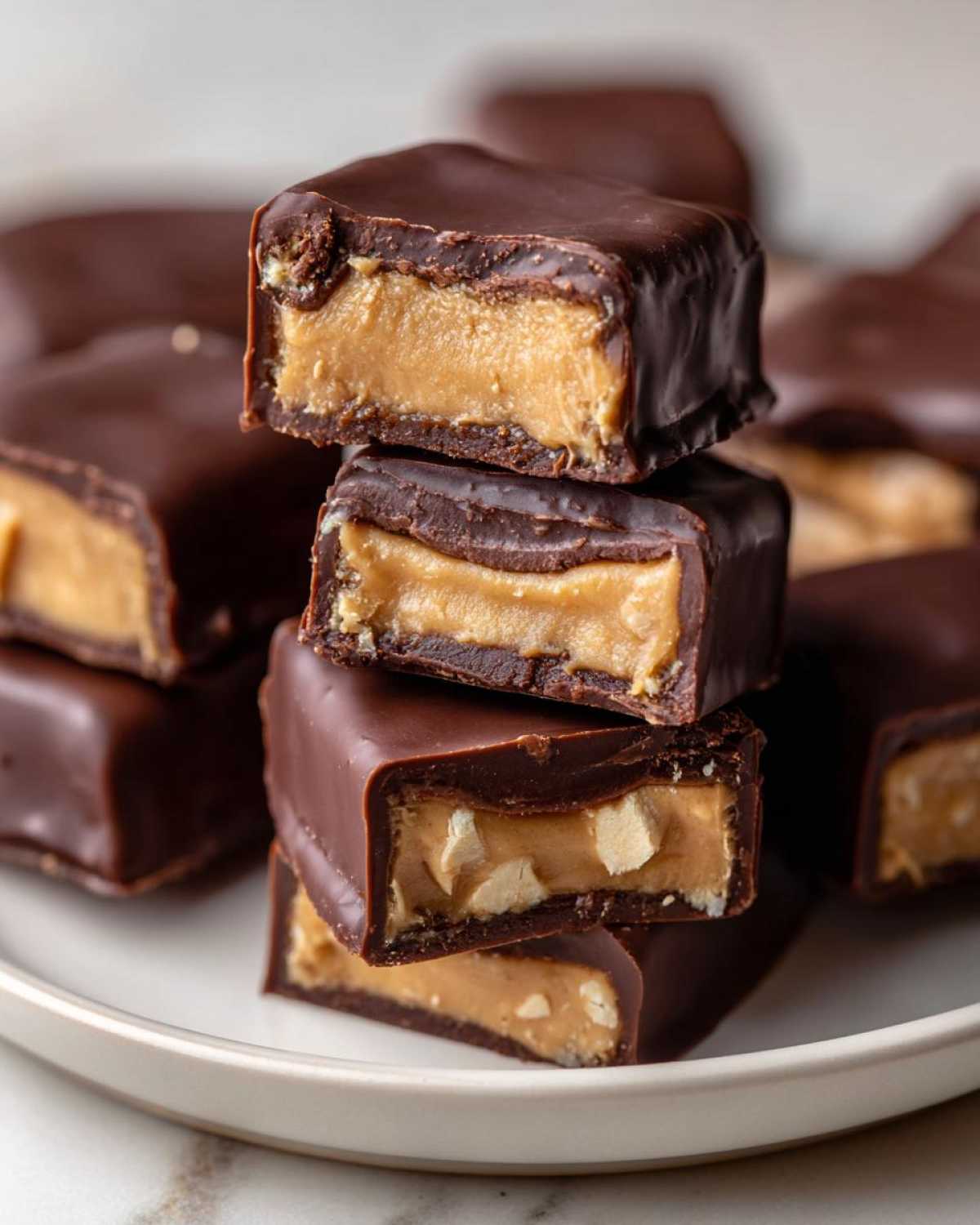 Stack of four rich chocolate-covered Buckeye Graham Crackers cut in half showing the peanut butter filling.