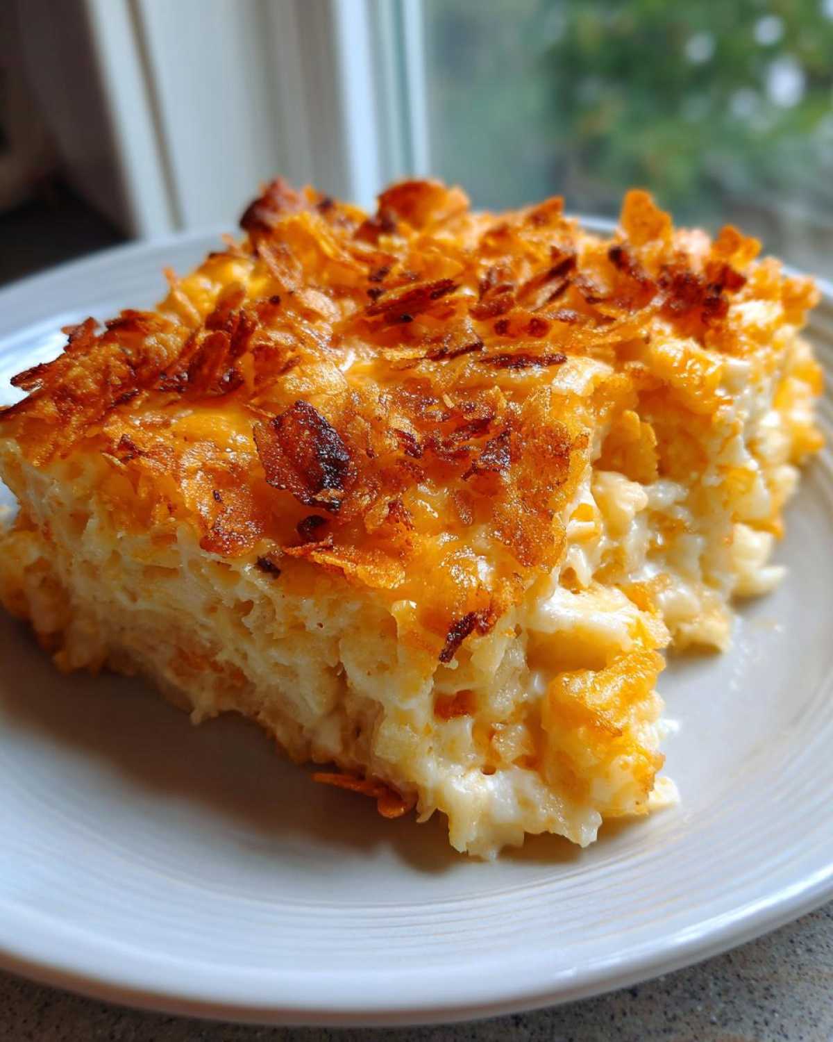 A close-up of a serving of cheesy potato casserole with a golden, crispy topping.