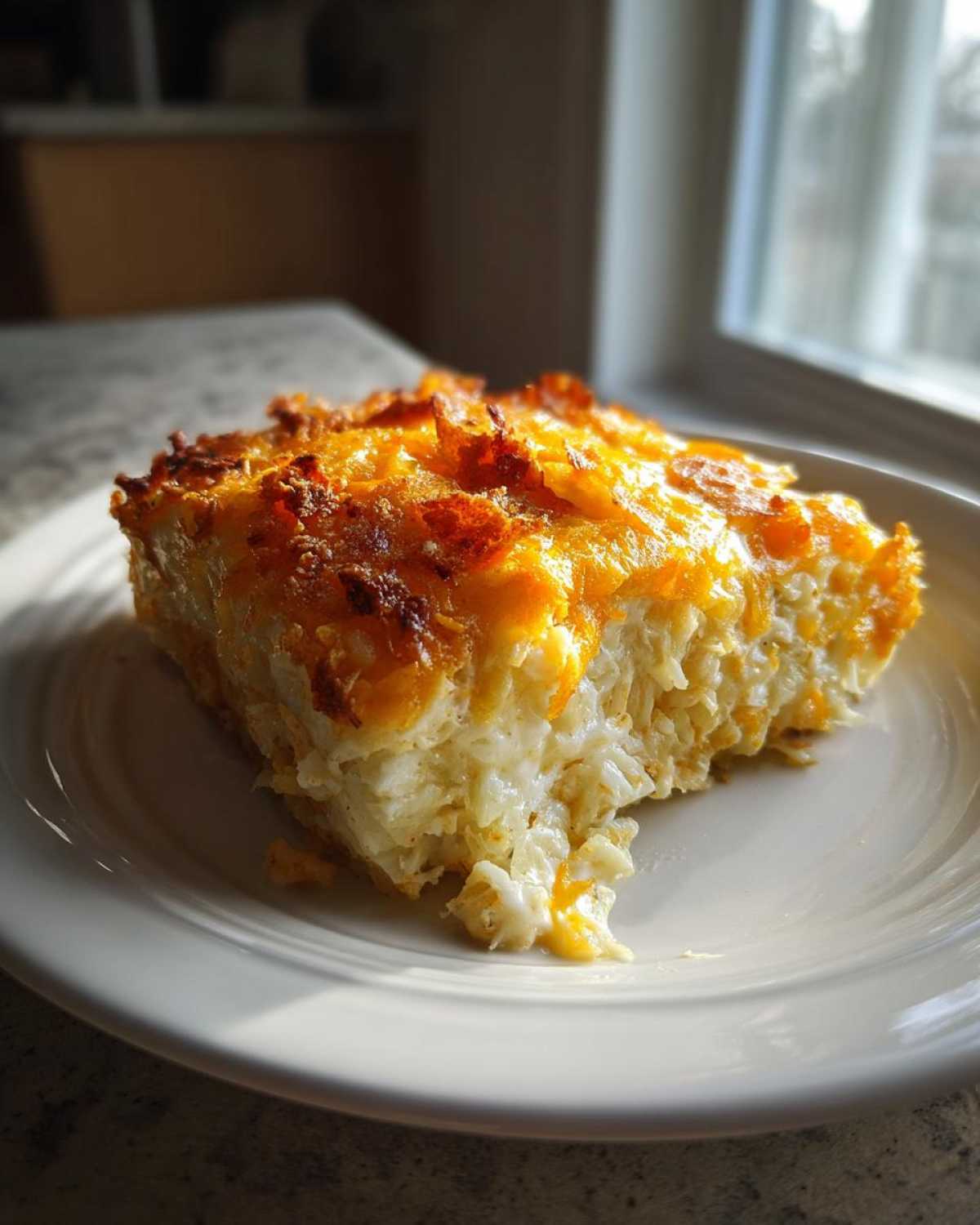 A square serving of creamy, shredded cheesy potato casserole with a golden brown, melted cheese topping.