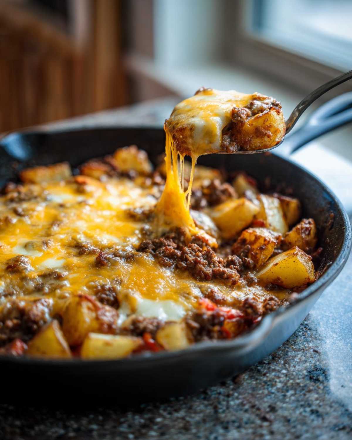 A spoonful of Cheesy Taco Potatoes showing a dramatic cheese pull from the skillet below.