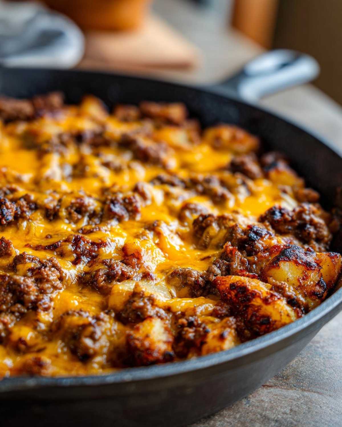 Close-up of Cheesy Taco Potatoes topped with melted cheddar cheese and seasoned ground beef in a cast iron skillet.