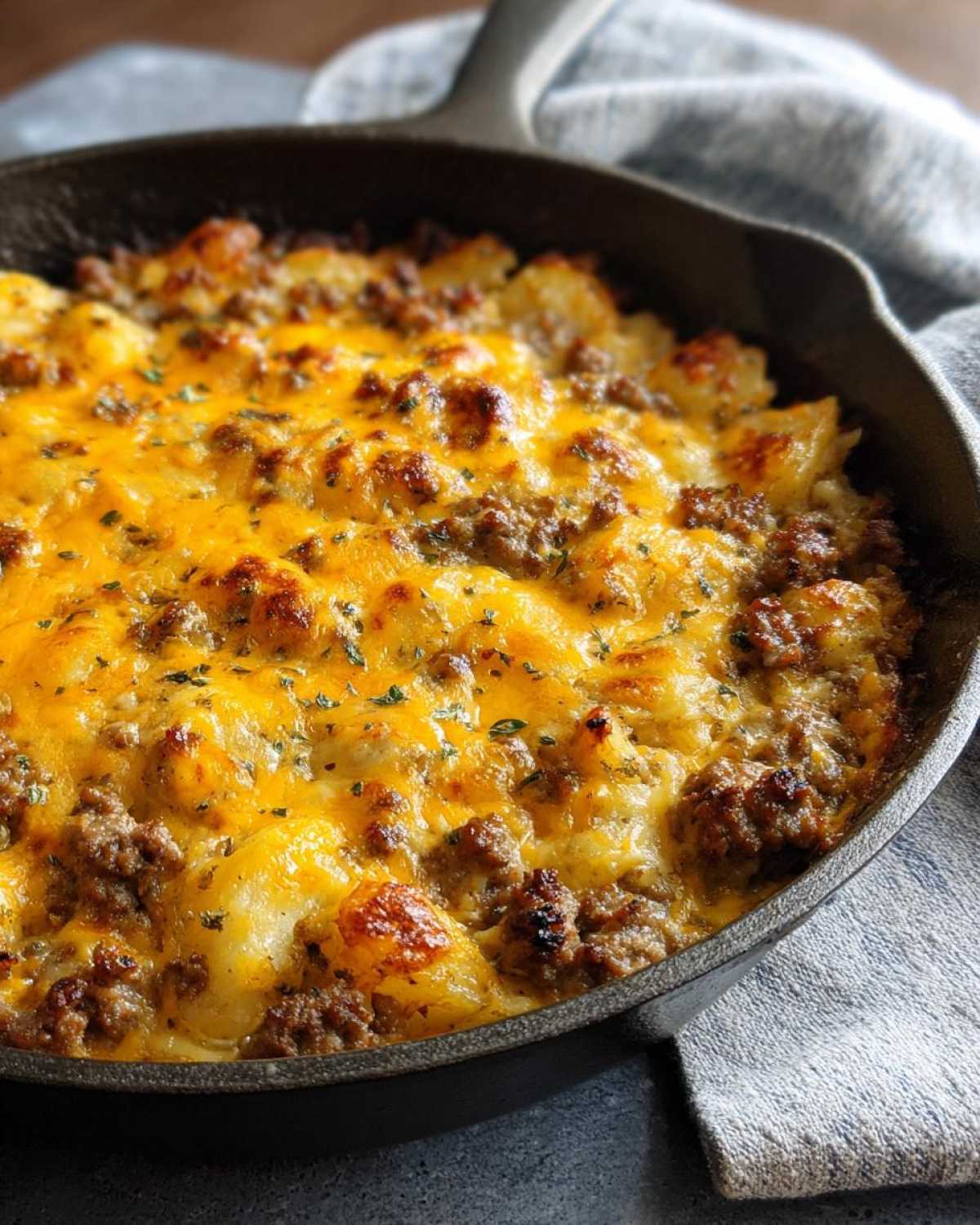 A close-up view of bubbling Cheesy Taco Potatoes topped with melted cheddar cheese and ground meat in a cast iron skillet.