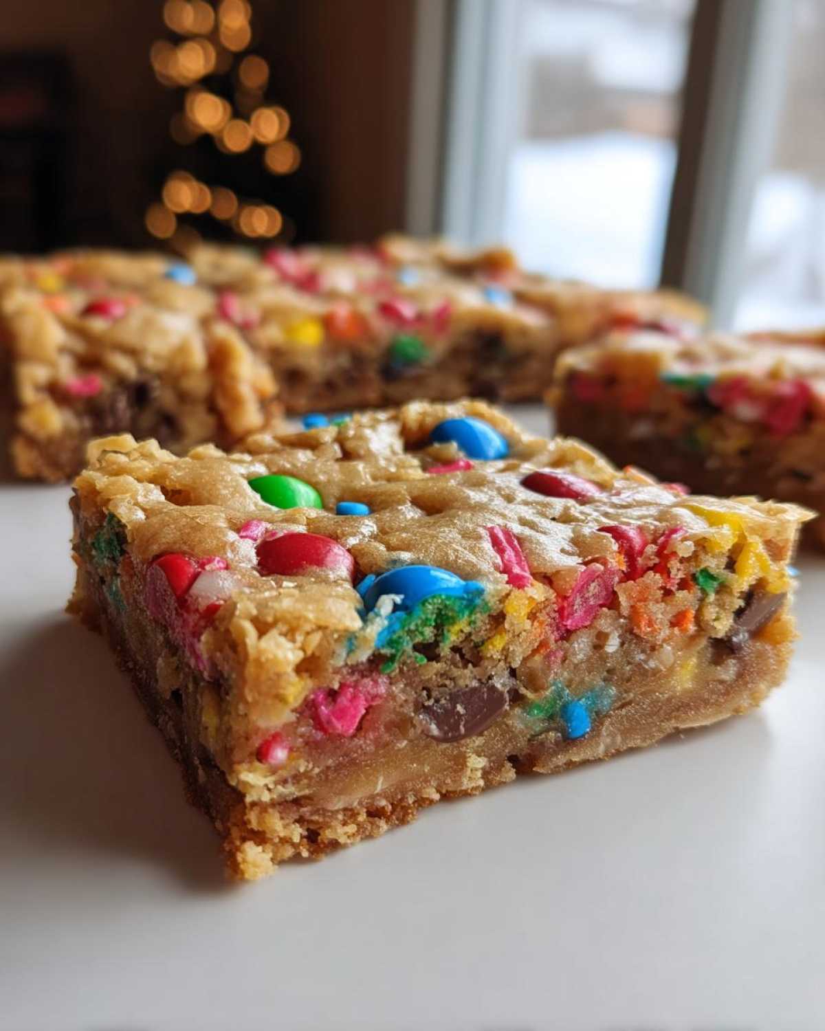 A close-up of a thick, chewy square of christmas cookie bars loaded with colorful candies and chocolate chips.