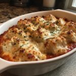 Close-up of baked chicken alfredo stuffed shells covered in melted, browned cheese and parsley.