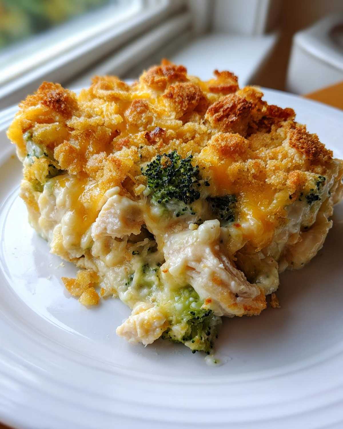 A close-up serving of creamy Chicken Divan casserole featuring chunks of chicken, broccoli, and a golden, crunchy breadcrumb topping.