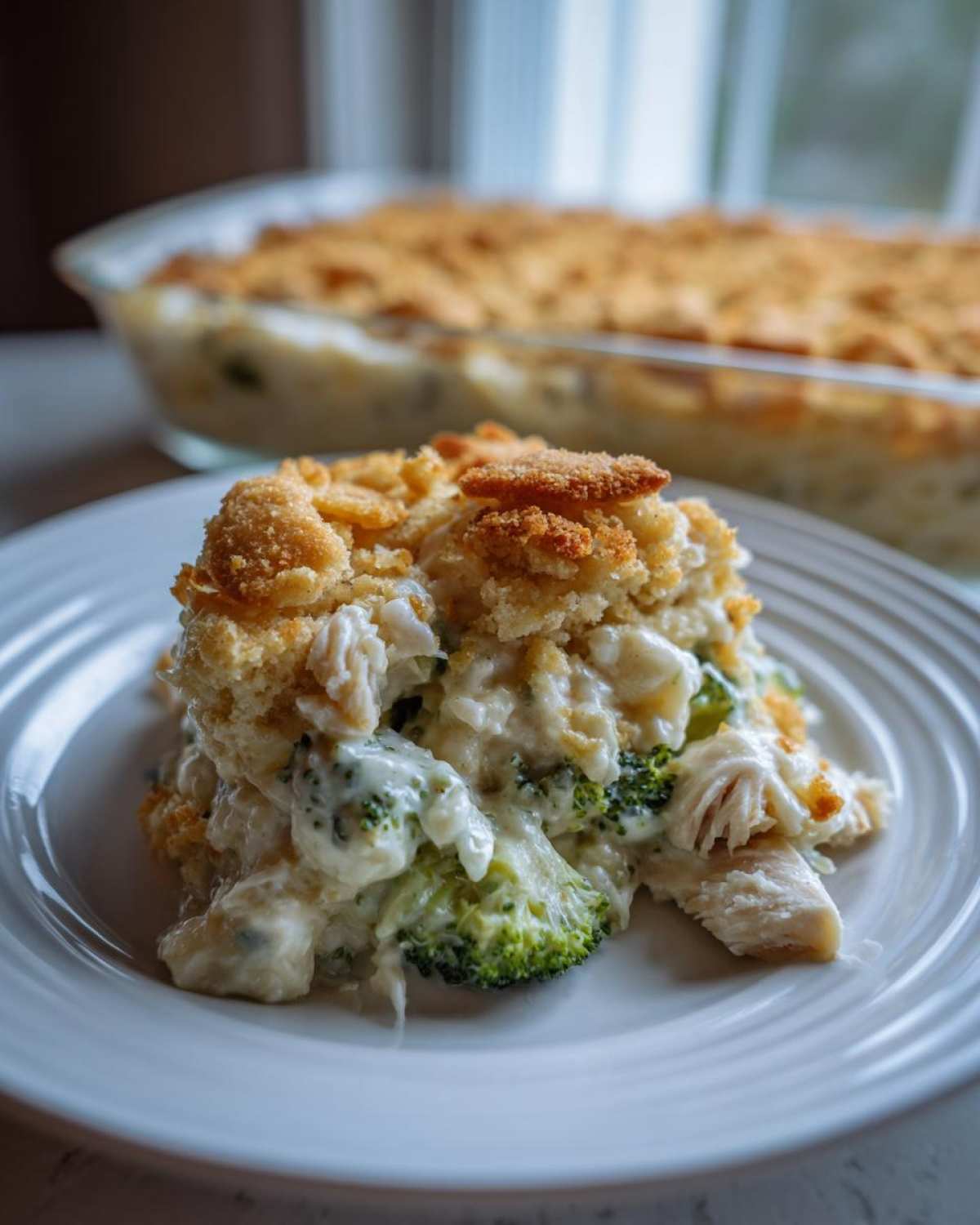 A close-up serving of Chicken Divan casserole featuring creamy sauce, broccoli florets, shredded chicken, and a golden crumb topping.