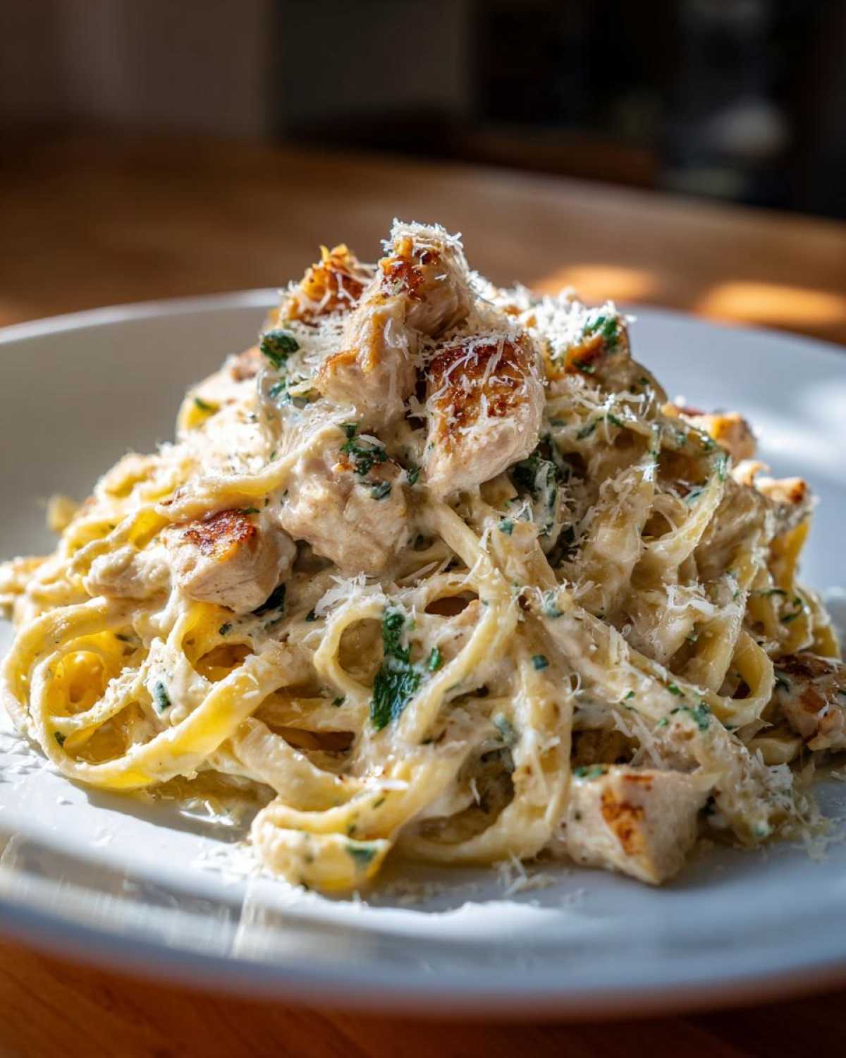 Close-up of creamy chicken fettuccine alfredo pasta topped with grated parmesan cheese and parsley.