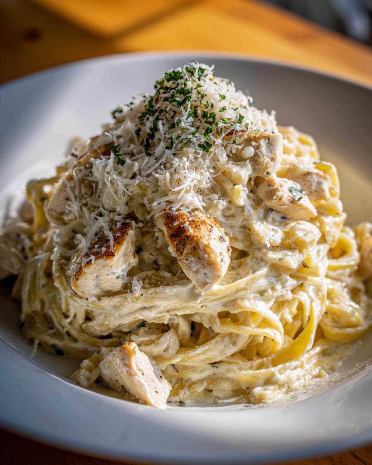 A close-up of a generous serving of chicken fettuccine alfredo pasta, topped with grated Parmesan cheese and parsley.