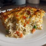 A generous slice of creamy chicken noodle casserole featuring shredded chicken, peas, carrots, and a deeply browned, cheesy top.