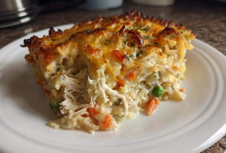 A generous slice of creamy chicken noodle casserole featuring shredded chicken, peas, carrots, and a deeply browned, cheesy top.