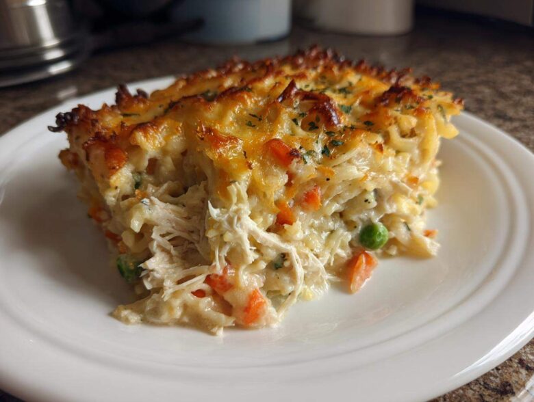 A generous slice of creamy chicken noodle casserole featuring shredded chicken, peas, carrots, and a deeply browned, cheesy top.