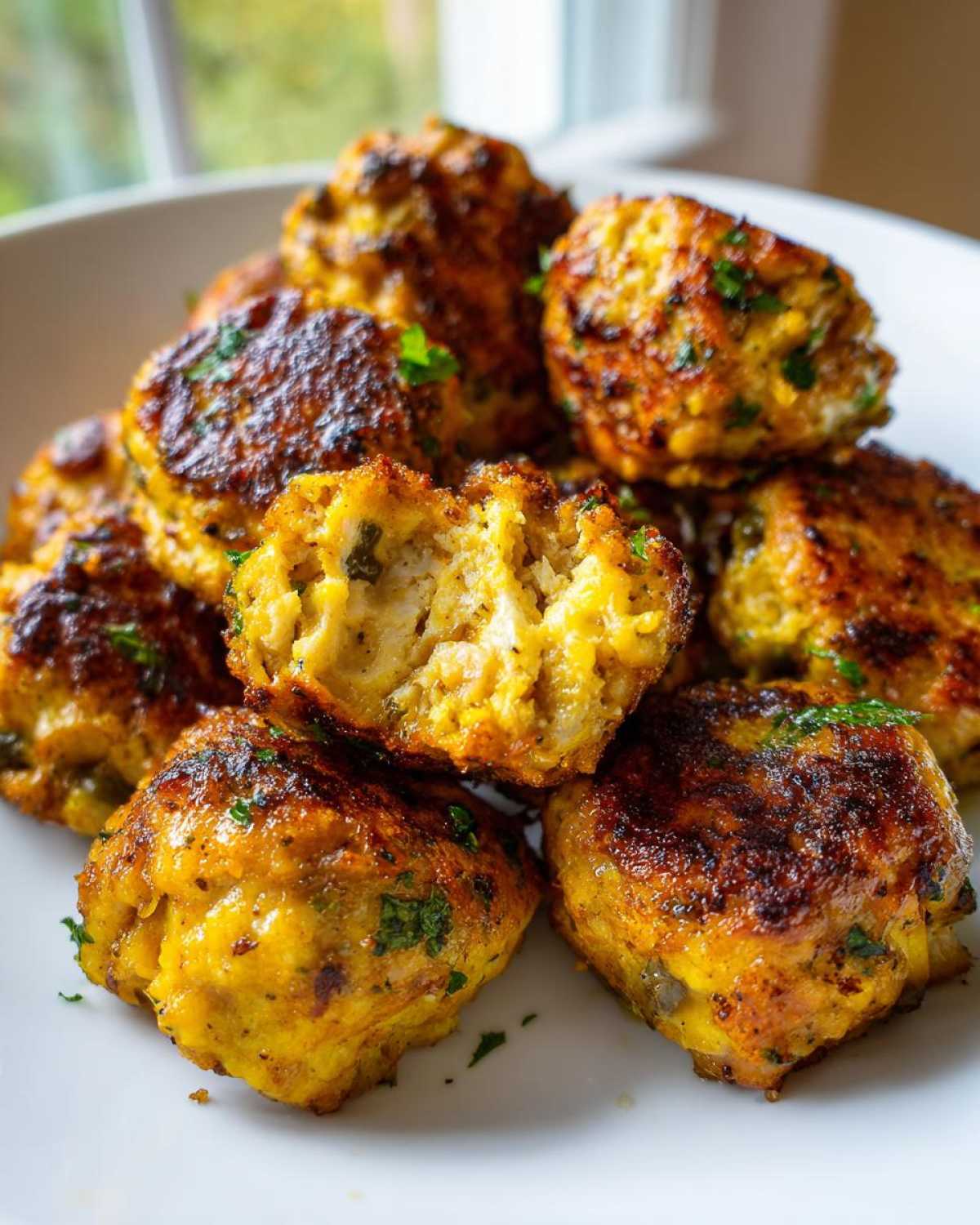 A close-up of golden brown chicken piccata meatballs, one cut in half showing the moist interior.