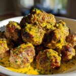 A bowl piled high with golden brown chicken piccata meatballs generously coated in a bright yellow lemon-caper sauce and fresh parsley.