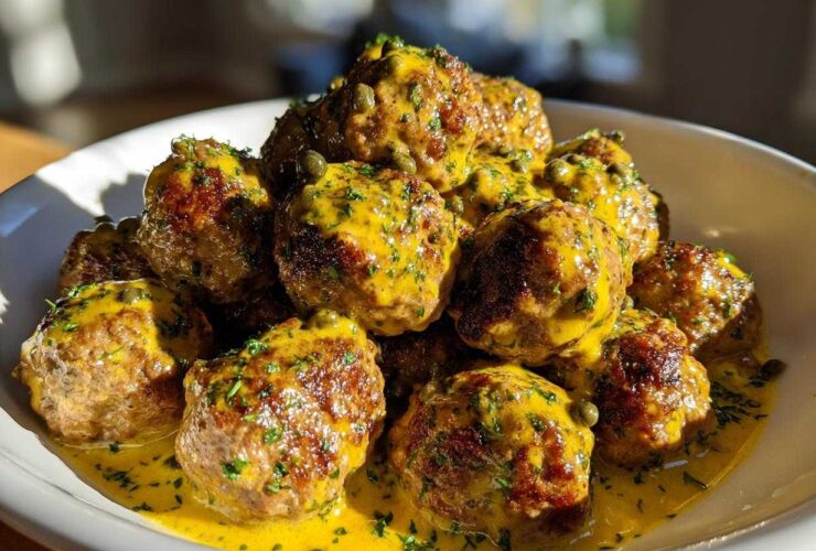 A bowl piled high with golden brown chicken piccata meatballs generously coated in a bright yellow lemon-caper sauce and fresh parsley.