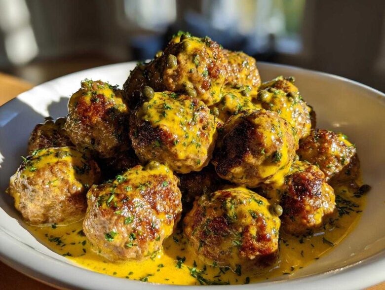 A bowl piled high with golden brown chicken piccata meatballs generously coated in a bright yellow lemon-caper sauce and fresh parsley.