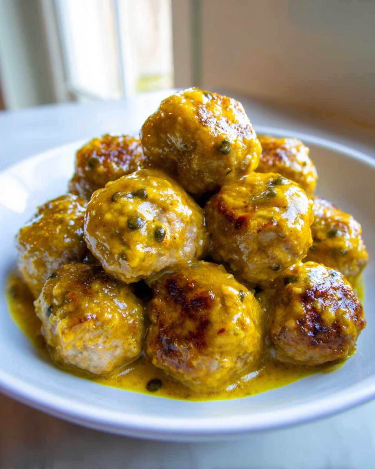 A close-up of several golden-brown chicken piccata meatballs piled high in a white bowl, coated in a vibrant yellow lemon-caper sauce.
