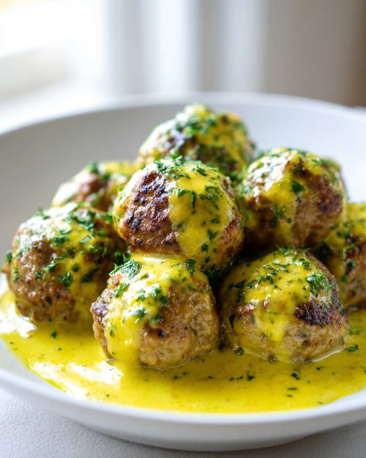 A close-up of several golden-brown chicken piccata meatballs smothered in a bright yellow lemon-caper sauce and sprinkled with parsley.