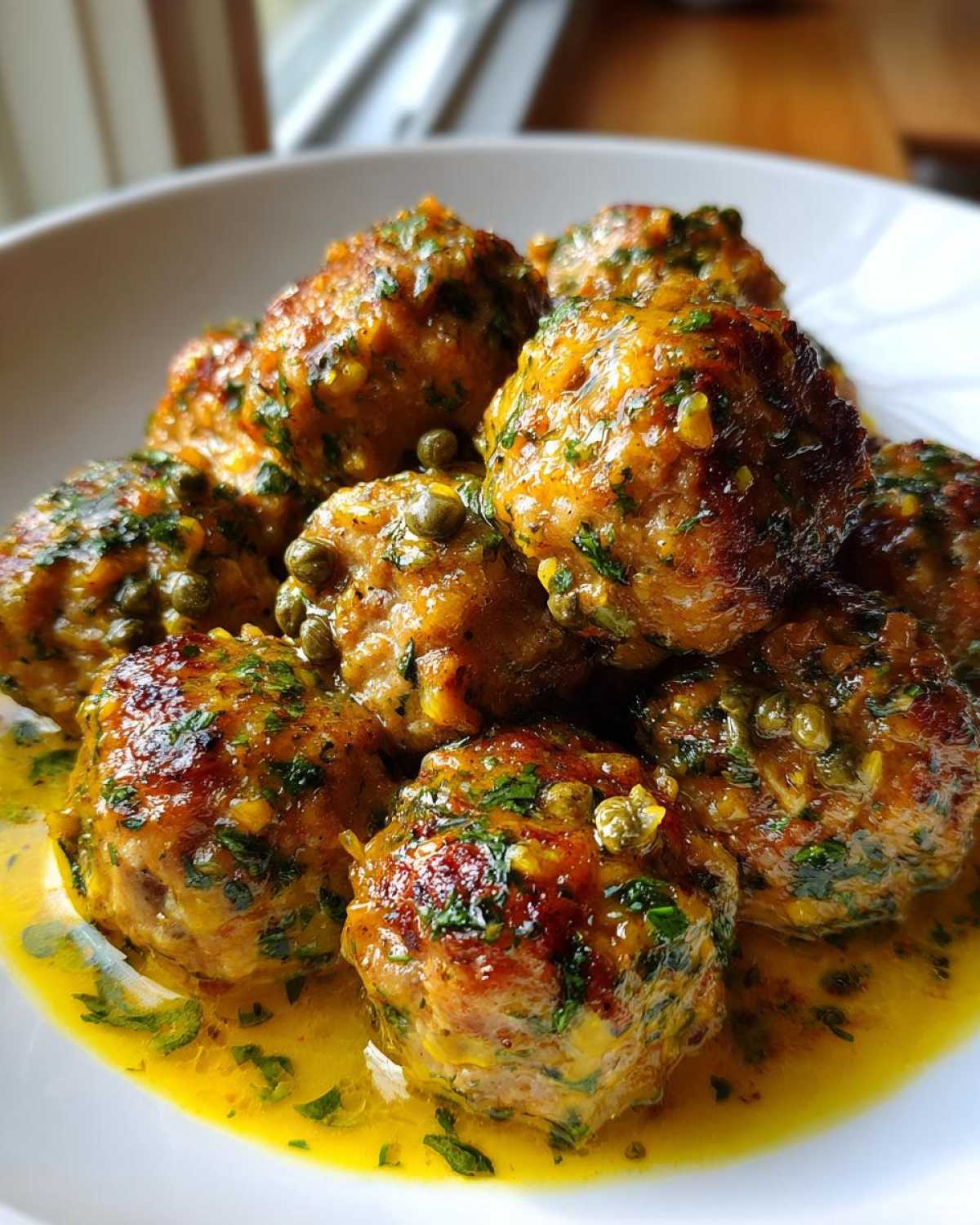 A close-up of several golden-brown chicken piccata meatballs covered in a bright lemon-butter sauce with capers and parsley.