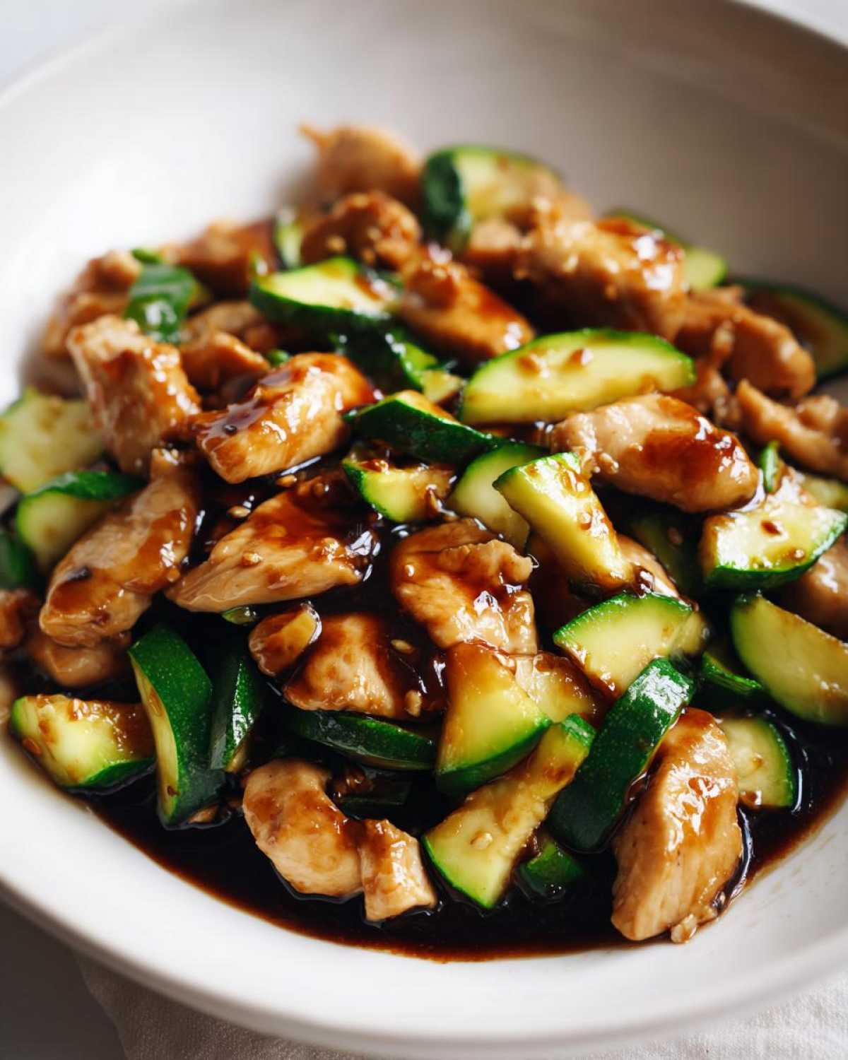 Close-up of tender chicken pieces and sliced zucchini coated in a rich, dark sauce in a white bowl, showcasing the chicken zucchini stir fry.