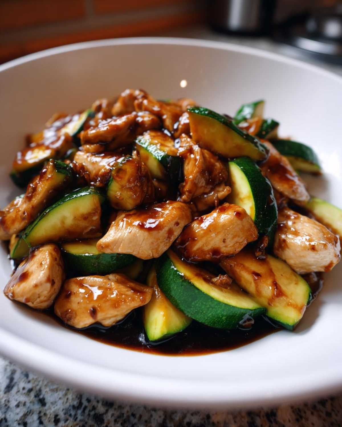 Close-up of tender chicken pieces and bright green zucchini slices coated in a rich, dark sauce in a white bowl, perfect for chicken zucchini stir fry.