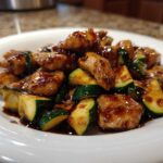 A close-up of glistening chicken pieces and bright green zucchini chunks coated in a dark, savory sauce in a chicken zucchini stir fry.