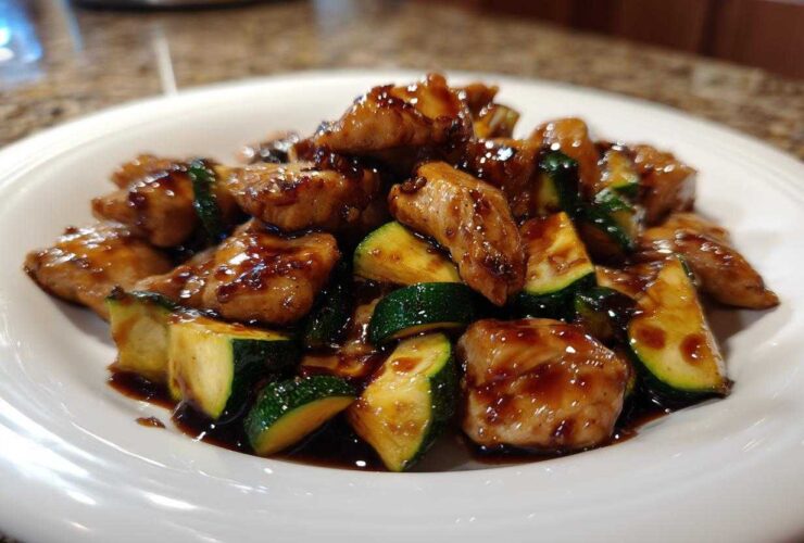 A close-up of glistening chicken pieces and bright green zucchini chunks coated in a dark, savory sauce in a chicken zucchini stir fry.