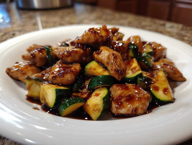 A close-up of glistening chicken pieces and bright green zucchini chunks coated in a dark, savory sauce in a chicken zucchini stir fry.