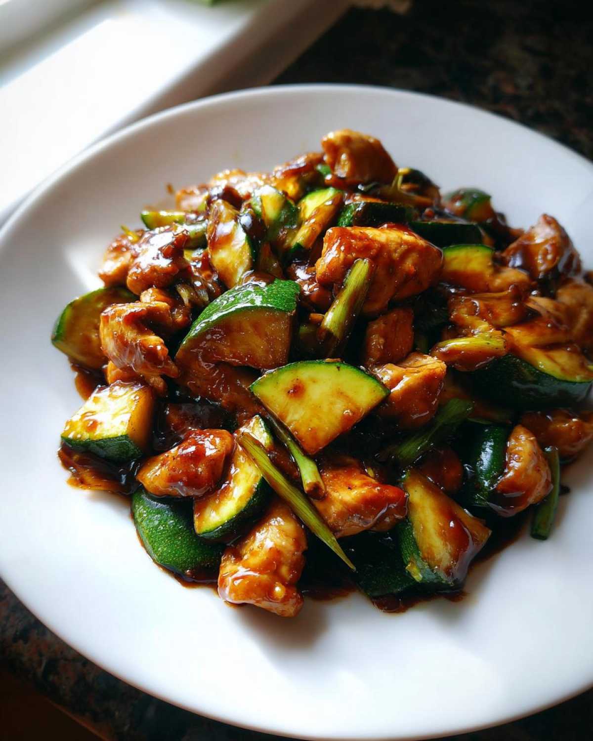 A close-up of a white plate filled with glistening chicken zucchini stir fry coated in a rich, dark sauce.