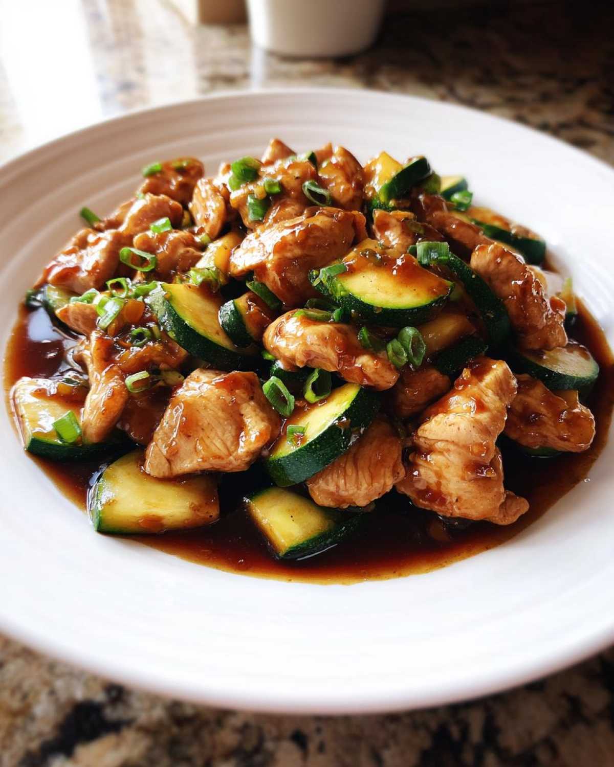 A close-up of a white plate filled with glossy chicken zucchini stir fry coated in a rich brown sauce and topped with green onions.