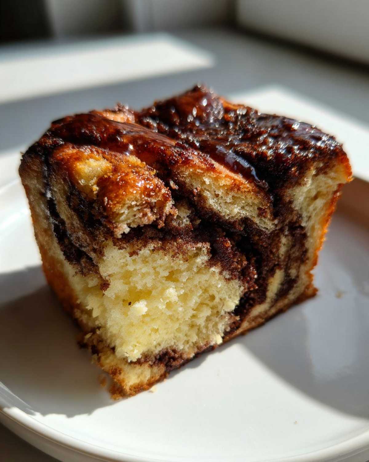 Close-up of a moist slice of chocolate babka showing rich chocolate swirls and a shiny glaze.