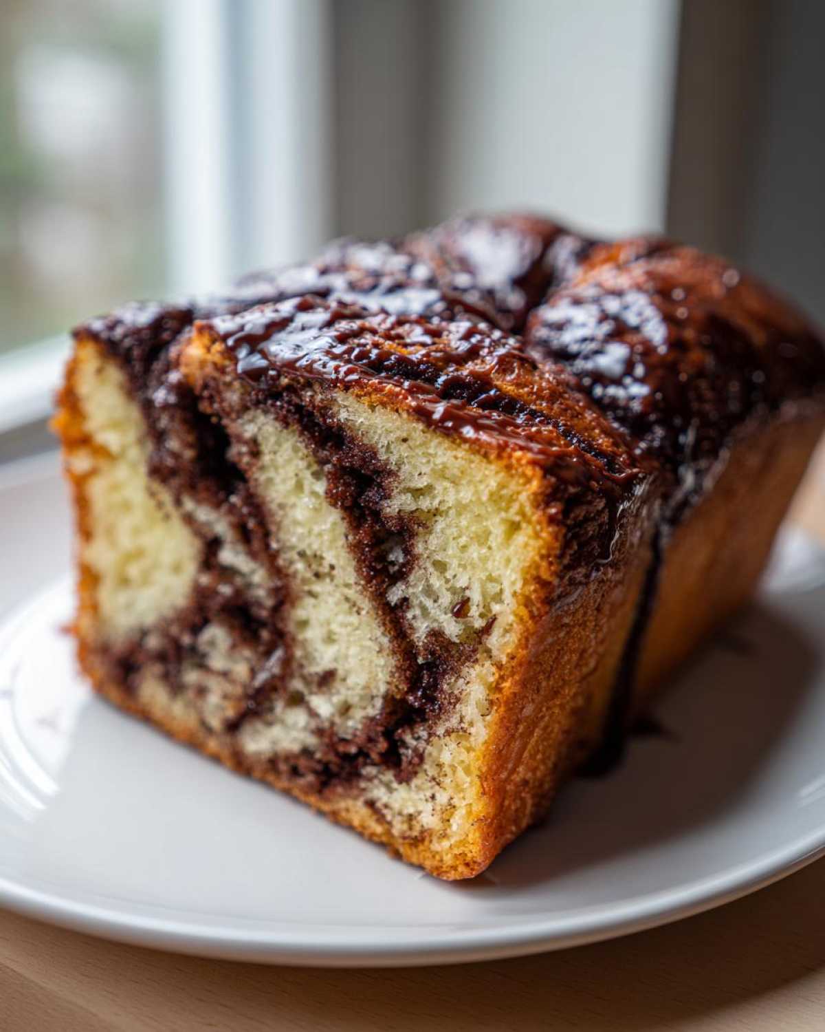 A close-up of a rich slice of chocolate babka showing the marbled interior and chocolate glaze on top.