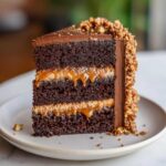 A decadent slice of chocolate caramel toffee crunch cake showing three dark chocolate layers filled with gooey caramel.