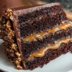 Close-up of a rich slice of chocolate caramel toffee crunch cake with visible caramel filling.