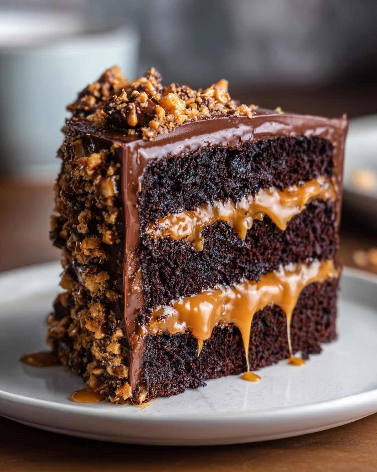 A decadent slice of chocolate caramel toffee crunch cake showing dark layers and dripping caramel filling.