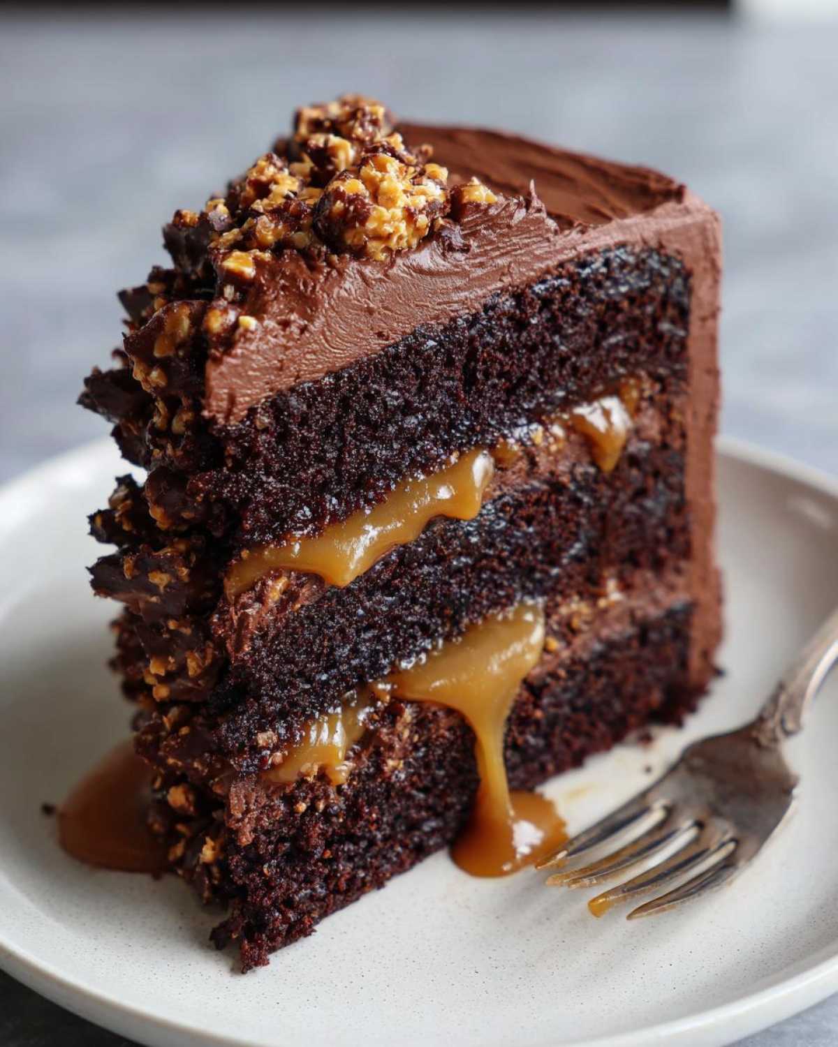 A decadent slice of chocolate caramel toffee crunch cake with oozing caramel filling and crunchy topping.