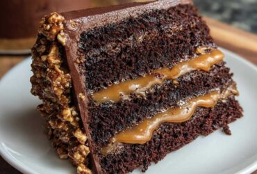 Close-up of a rich slice of chocolate caramel toffee crunch cake with visible caramel filling.