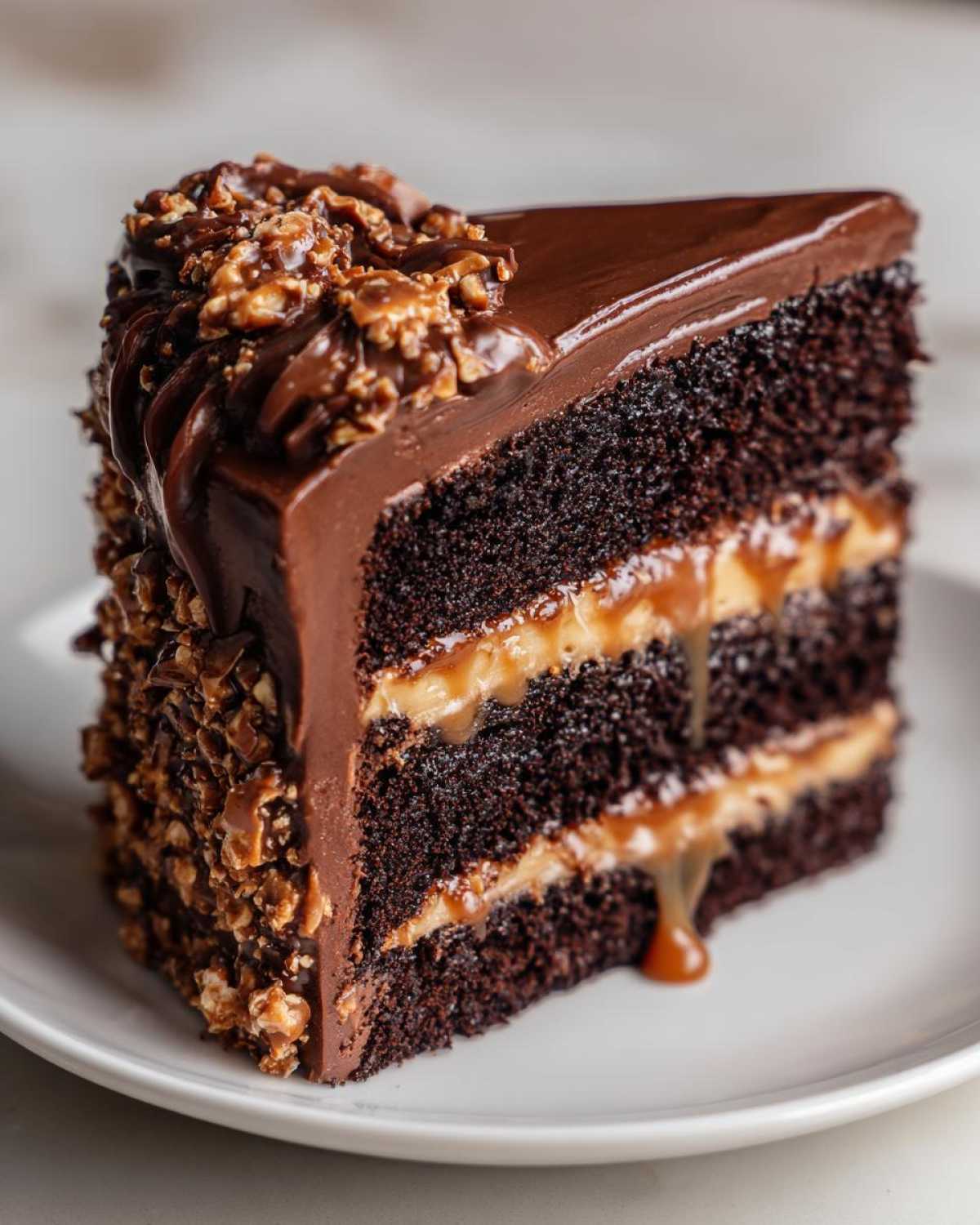 A decadent slice of chocolate caramel toffee crunch cake showing layers of dark cake, caramel filling, and chocolate frosting.