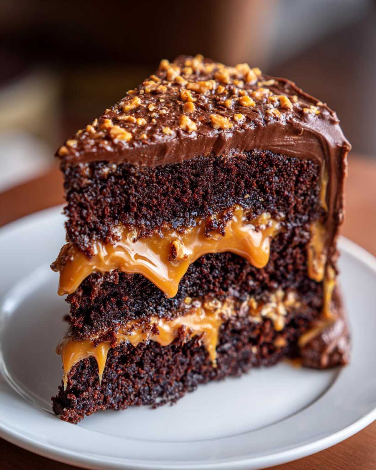 A decadent slice of chocolate caramel toffee crunch cake showing rich layers and dripping caramel.