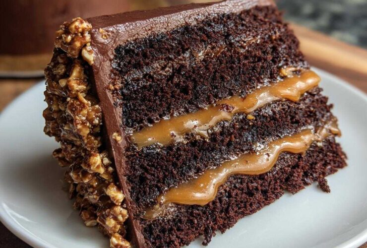 Close-up of a rich slice of chocolate caramel toffee crunch cake with visible caramel filling.