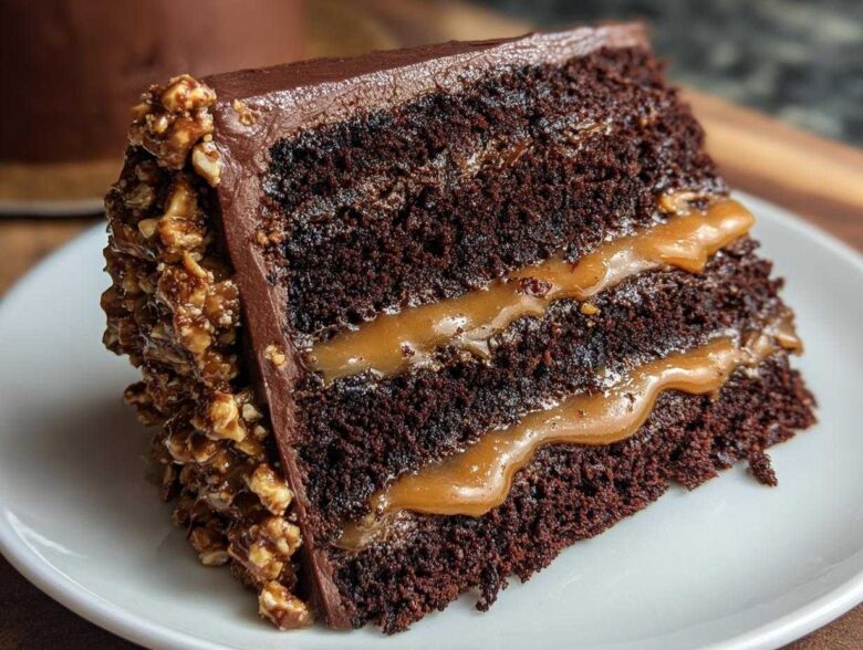 Close-up of a rich slice of chocolate caramel toffee crunch cake with visible caramel filling.