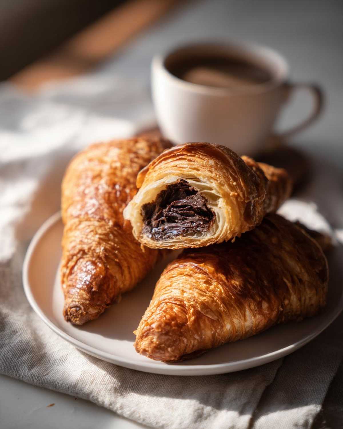 Three golden brown chocolate croissant pastries on a white plate, one cut open showing rich, melted chocolate filling.