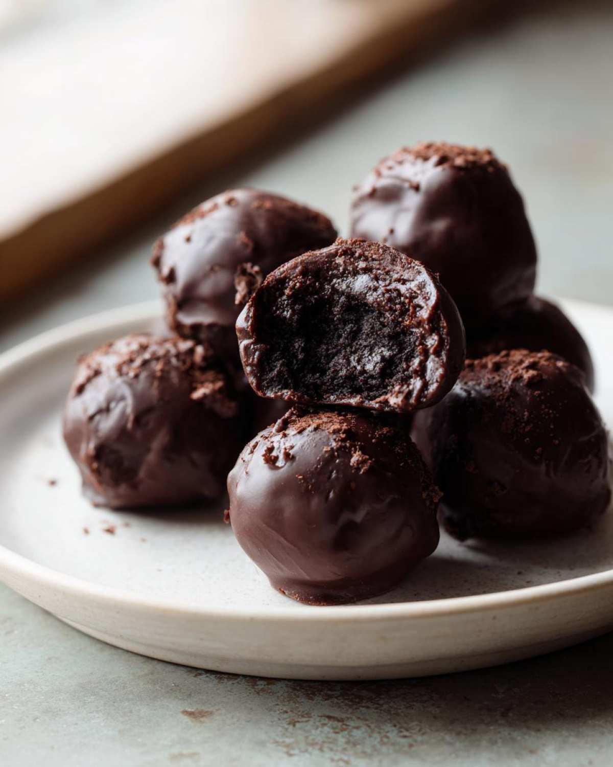 A stack of rich, chocolate-covered Oreo balls, with one cut in half revealing the dark, dense interior.